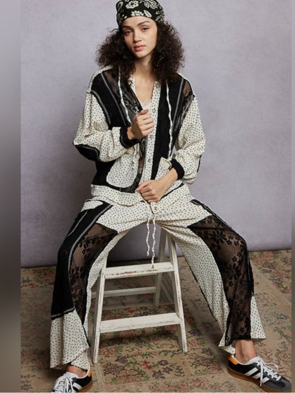 POL Black and Cream Polka Dot Pants & Jacket Set